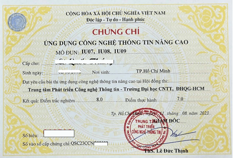 Chứng chỉ ứng dụng Công nghệ thông tin Nâng cao do Trường ĐH CNTT, ĐHQG-HCM cấp